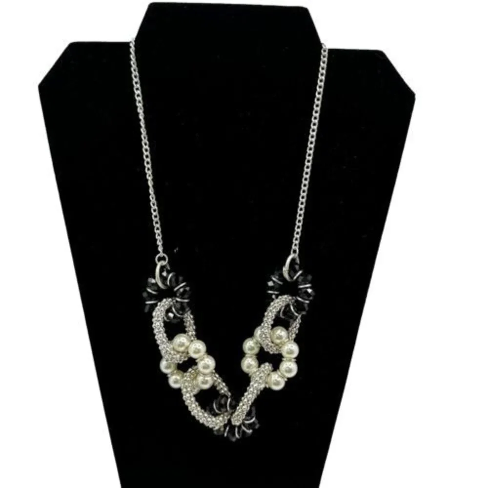 New York & Company Silver Tone Faux Pearl Black Beaded Bib‎ Statement Necklace